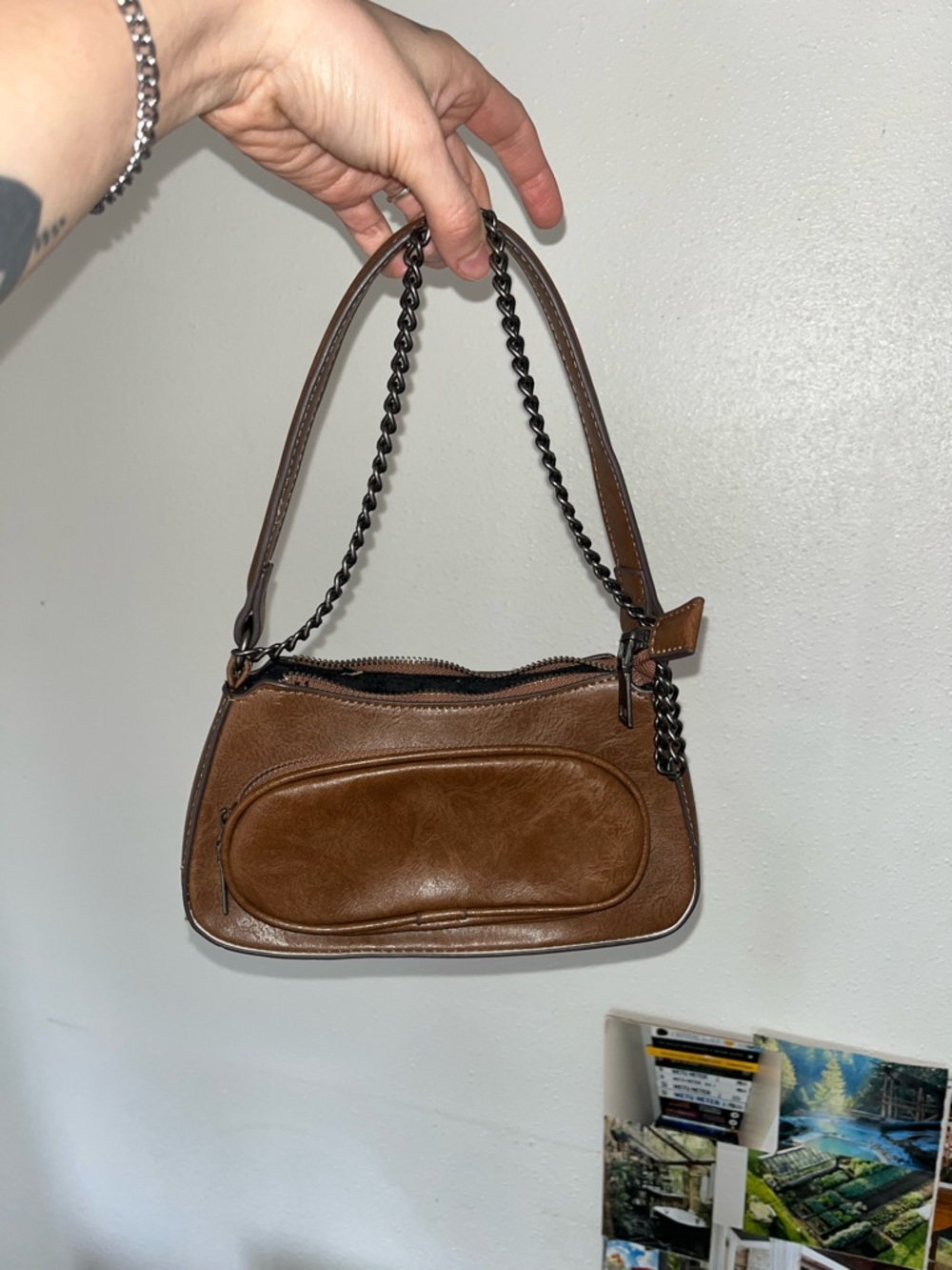 Vegan Brown Leatherette Shoulder Bag with Chain Strap